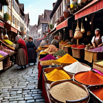 **A bustling marketplace in a medieval-fantasy setting, with vendors selling colorful dried flowers and spices. Focus on the vibrant colors of the goods and the lively atmosphere of the market.**