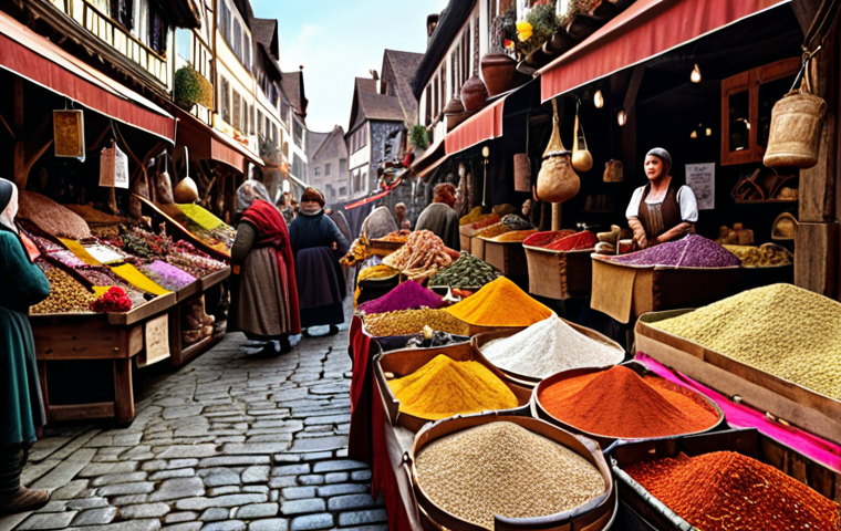 **A bustling marketplace in a medieval-fantasy setting, with vendors selling colorful dried flowers and spices. Focus on the vibrant colors of the goods and the lively atmosphere of the market.**